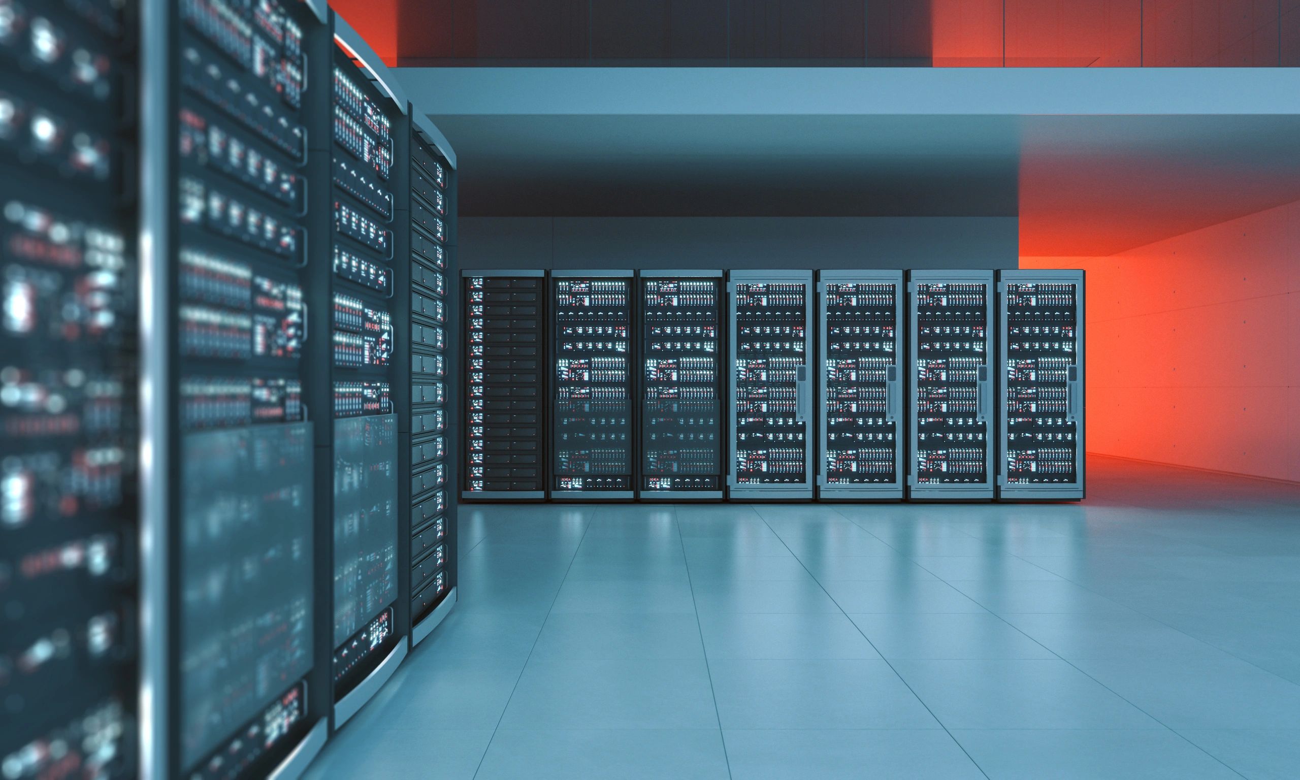 Rows of servers in a clean, modern data center